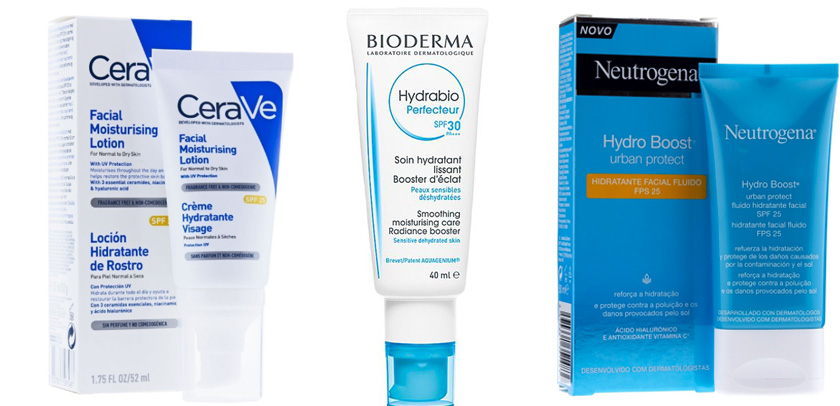 cerave-facial-bioderma-hydrabio-perfecteur-neutrogena-hydra-boos-hidratante-facial-fluido-os-3-melhores-hidratantes-com-proteção-solar