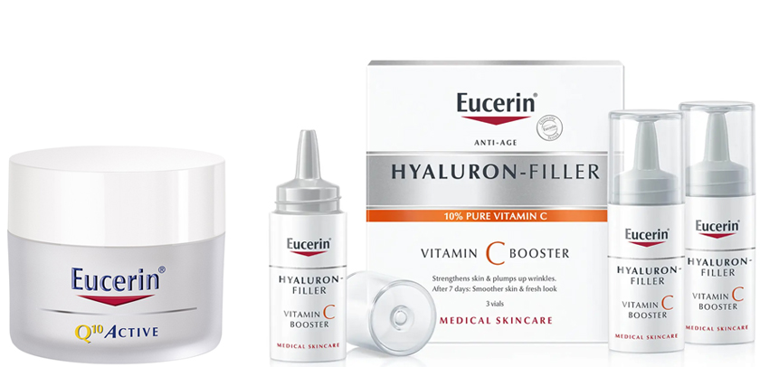 Produtos Eucerin de cuidado de rosto antienvelhecimento e antioxidantes.