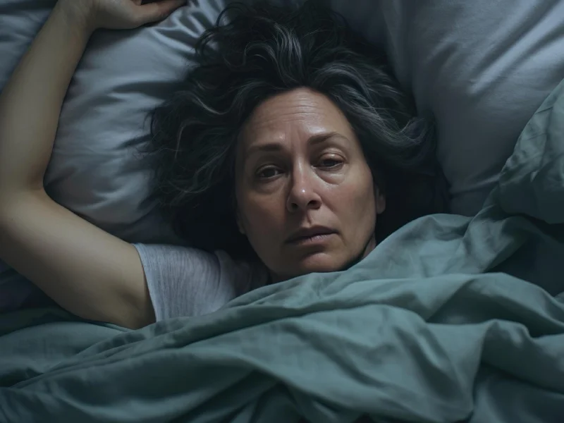 uma mulher deitada na cama com insónias e olheiras derivadas ao cansaço e falta de sono