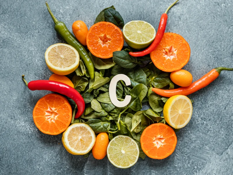 Alimentos riscos em vitamina C pousados numa mesa - laranjas, pimentos, entre outros