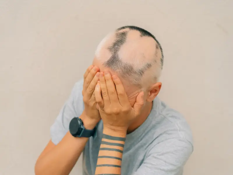 Mulher com falhas circulares no cabelo - Alopecia areata